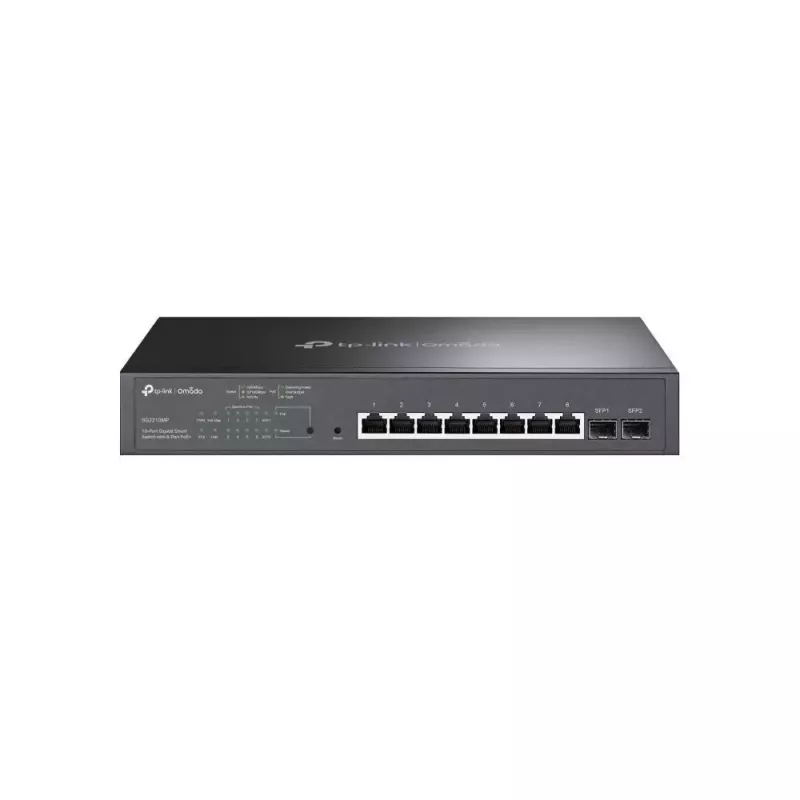 TP-LINK TL-SG2210MP Smart Managed Layer 2+ Switch, 8 prievadų Gigabit PoE+ su 2 SFP lizdais, 150W PoE biudžetas, montuojamas į stelažą