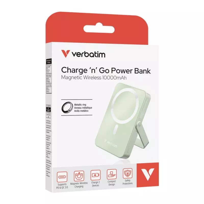 Verbatim Charge 'n' Go Magnetic Wireless Power Bank su stovu 10000mAh USB-C PD 3.0 Žalia
