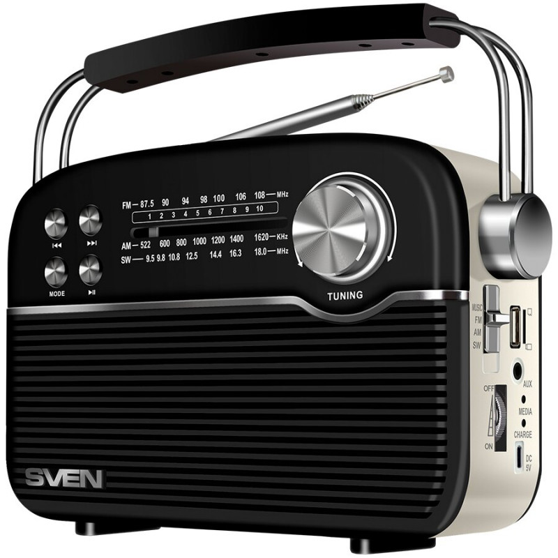 Garsiakalbis SVEN SRP-500, juodas (3W, Bluetooth, FM/AM/SW, USB, microSD, AUX, baterija)