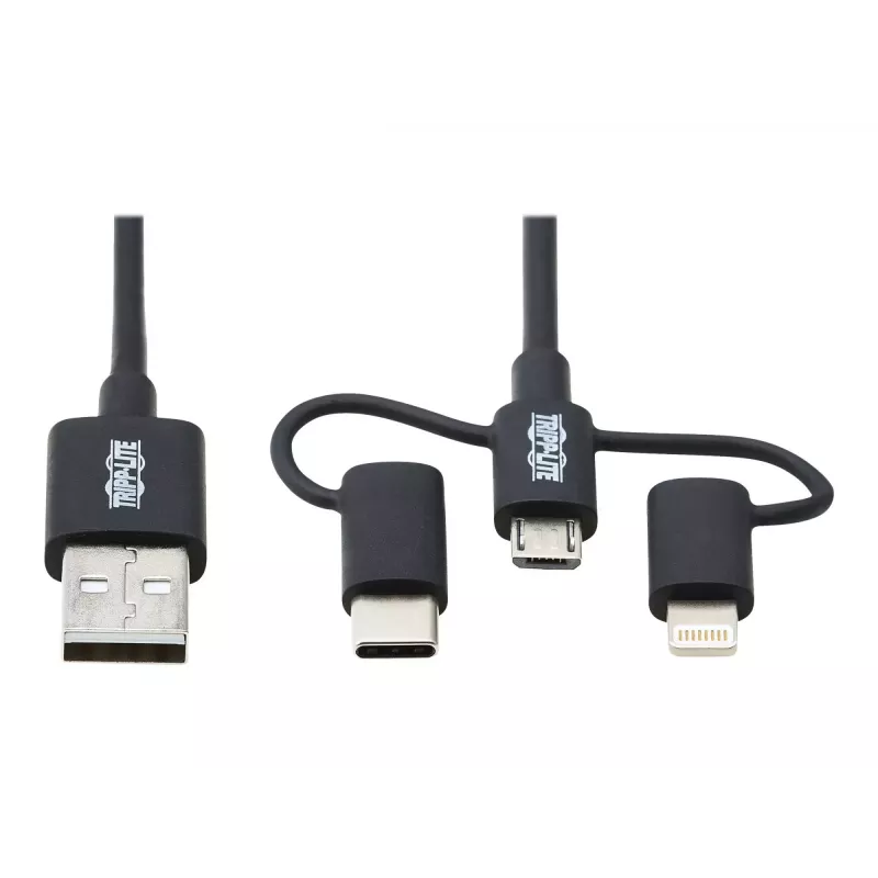 Eaton Tripp Lite Series Universal USB-A to Lightning, USB Micro-B ir USB-C Sync/Charge kabelis (M/3xM), MFi sertifikuotas, juodas, 6 ft. (1,8 m)