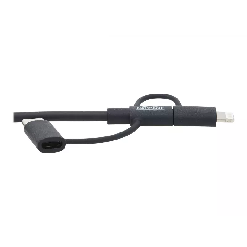 Eaton Tripp Lite Series Universal USB-A to Lightning, USB Micro-B ir USB-C Sync/Charge kabelis (M/3xM), MFi sertifikuotas, juodas, 6 ft. (1,8 m)