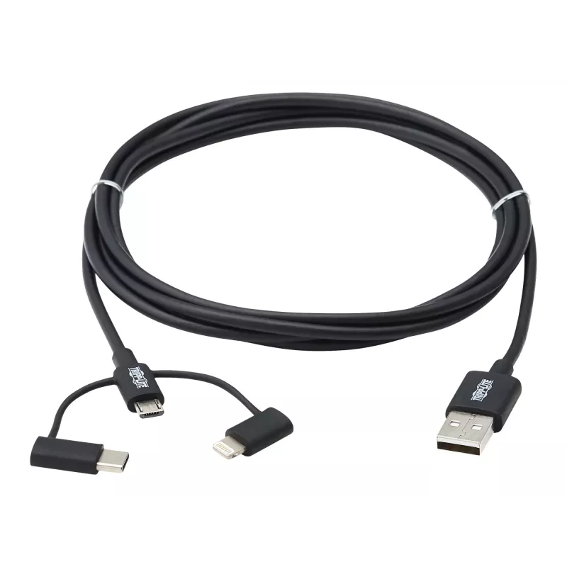 Eaton Tripp Lite Series Universal USB-A to Lightning, USB Micro-B ir USB-C Sync/Charge kabelis (M/3xM), MFi sertifikuotas, juodas, 6 ft. (1,8 m)