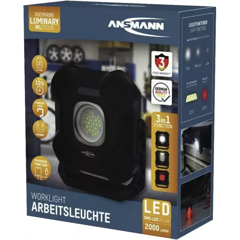 ANSMANN WL2000R Įkraunamas LED darbinis žibintas, juodas, 20W, 2000lm, su magnetu, kabliuku, trikoju - 1 vnt. (1600-0755)