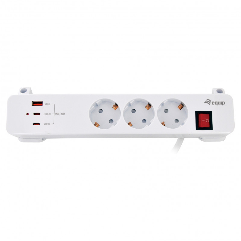 Equip Power Strip CEE 7/7 90° to 3x Schuko / 2x USB-C + USB-A, White, 1.5m