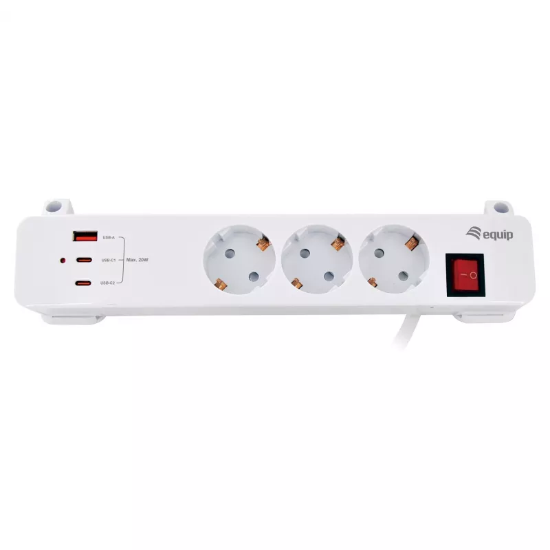 Equip Power Strip CEE 7/7 90° to 3x Schuko / 2x USB-C + USB-A, White, 1.5m