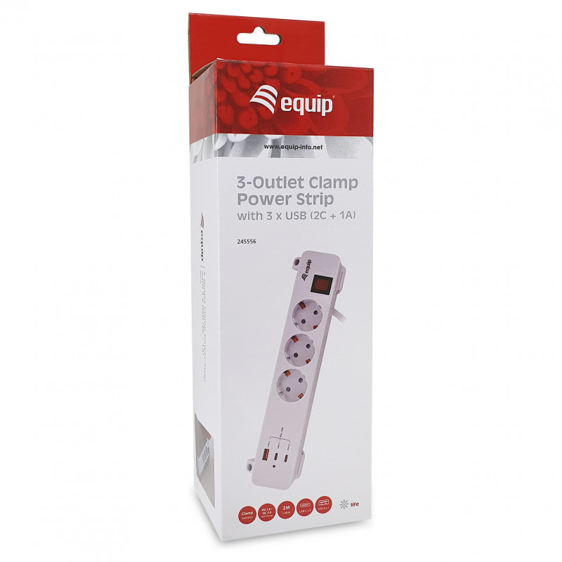 Equip Power Strip CEE 7/7 90° to 3x Schuko / 2x USB-C + USB-A, White, 1.5m