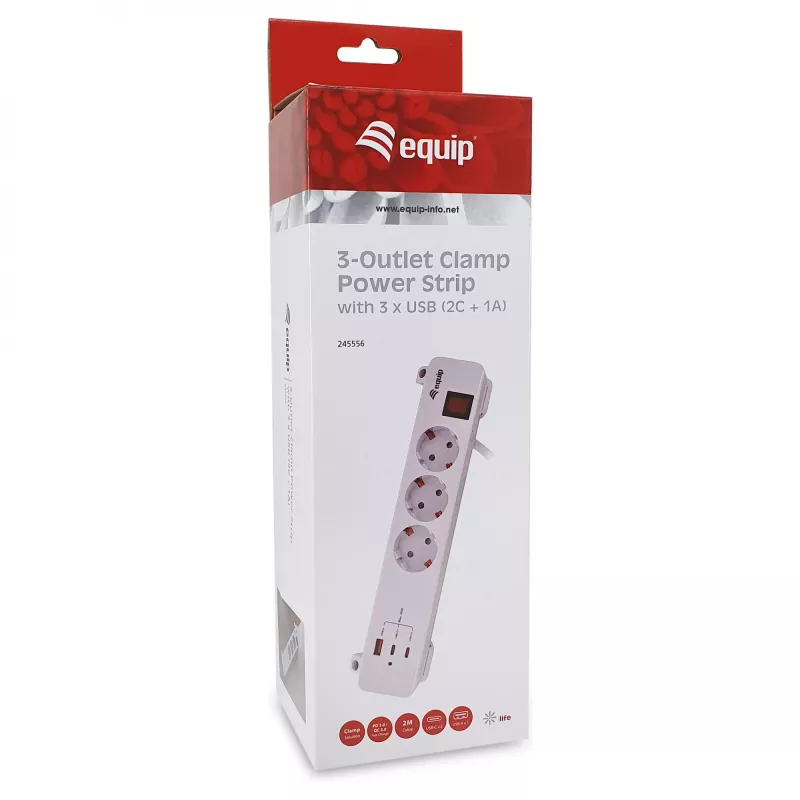 Equip Power Strip CEE 7/7 90° to 3x Schuko / 2x USB-C + USB-A, White, 1.5m