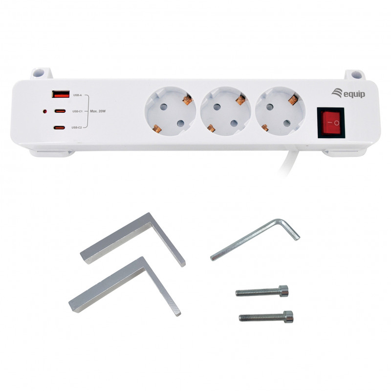 Equip Power Strip CEE 7/7 90° to 3x Schuko / 2x USB-C + USB-A, White, 1.5m