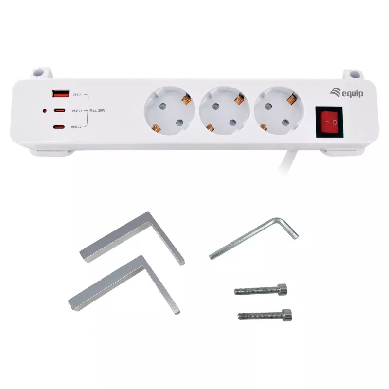 Equip Power Strip CEE 7/7 90° to 3x Schuko / 2x USB-C + USB-A, White, 1.5m