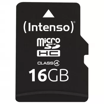 Intenso 16GB MicroSDHC Class 4 atminties kortelė su SD adapteriu, iki 21 MB/s skaitymo greitis, juoda