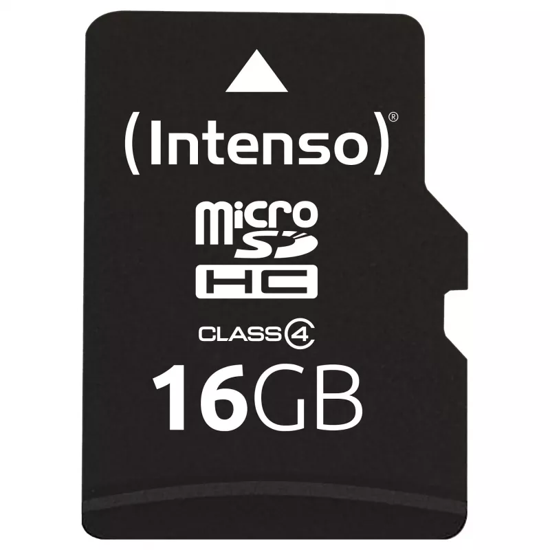 Intenso 16GB MicroSDHC Class 4 atminties kortelė su SD adapteriu, iki 21 MB/s skaitymo greitis, juoda
