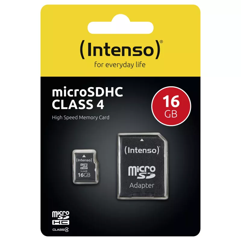 Intenso 16GB MicroSDHC Class 4 atminties kortelė su SD adapteriu, iki 21 MB/s skaitymo greitis, juoda