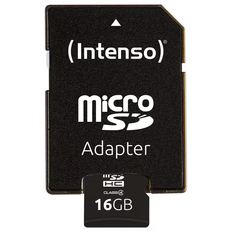 Intenso 16GB MicroSDHC Class 4 atminties kortelė su SD adapteriu, iki 21 MB/s skaitymo greitis, juoda