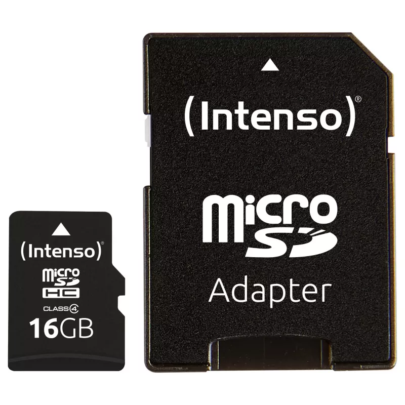 Intenso 16GB MicroSDHC Class 4 atminties kortelė su SD adapteriu, iki 21 MB/s skaitymo greitis, juoda