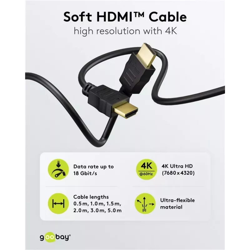 Goobay 80102 HDMI High-Speed Cable with Ethernet, Soft, 1.5 m, Black