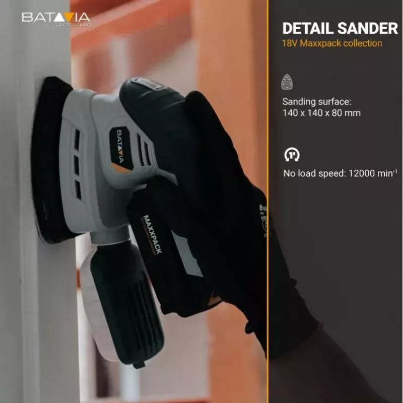 Batavia 18V belaidis detalės šlifuoklis (tik korpusas) - Maxxpack 18V platforma, delta šlifavimo padėklas, kabliukas ir kilpa, dulkių ištraukimas, minkšta rankena
