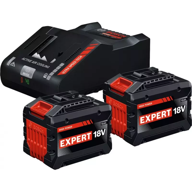 BOSCH EXPERT Starter Set 18V, 2x EXBA 18V-150 + Įkroviklis EXAL18V-160 (Juoda, 2x Li-Ion akumuliatorius 15Ah, AMPShare Alliance)