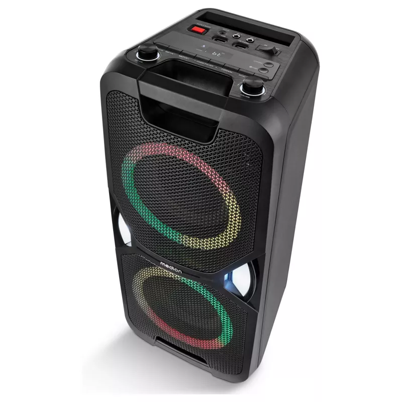MEDION PE-1 Pure Party Speaker juoda - Bluetooth 5.0, 40W RMS, 2x 6,5 inch garsiakalbiai, karaokė, TWS, LED apšvietimas, Power Bank