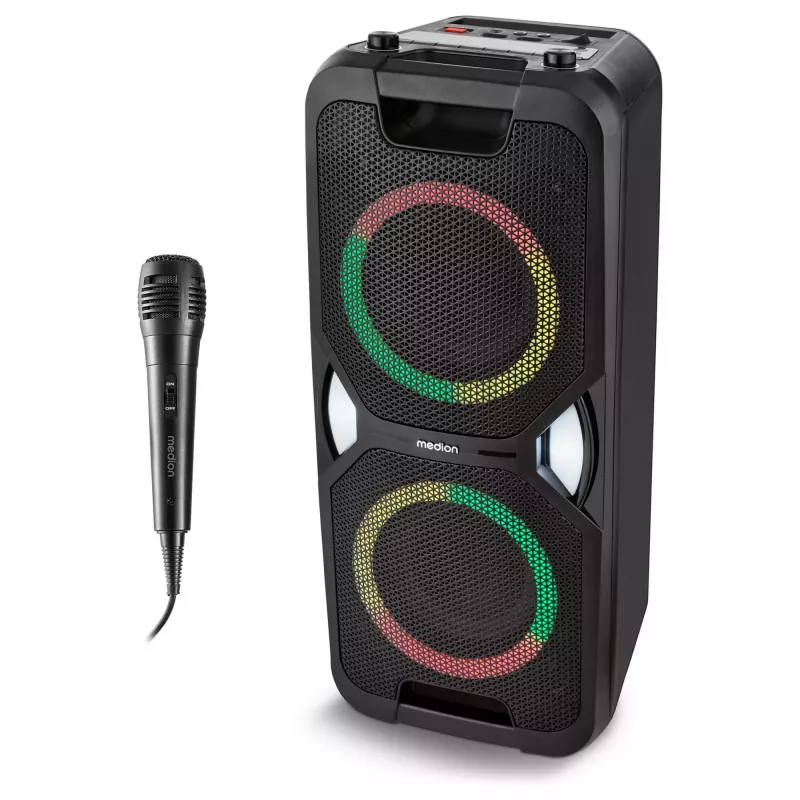 MEDION PE-1 Pure Party Speaker juoda - Bluetooth 5.0, 40W RMS, 2x 6,5 inch garsiakalbiai, karaokė, TWS, LED apšvietimas, Power Bank