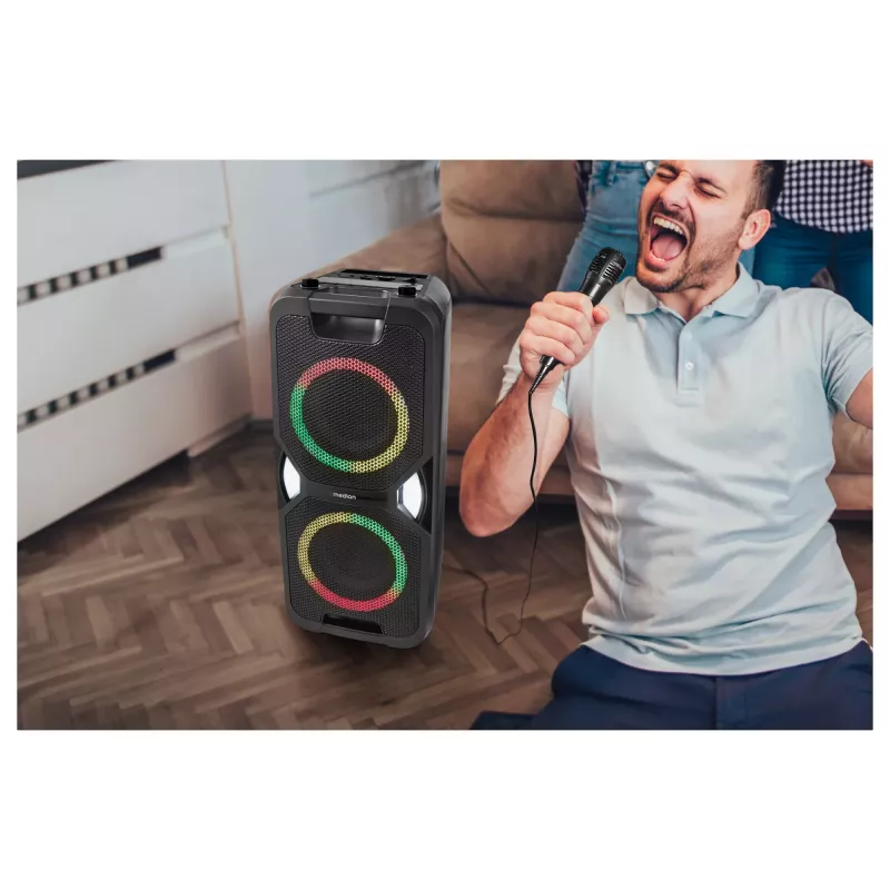 MEDION PE-1 Pure Party Speaker juoda - Bluetooth 5.0, 40W RMS, 2x 6,5 inch garsiakalbiai, karaokė, TWS, LED apšvietimas, Power Bank