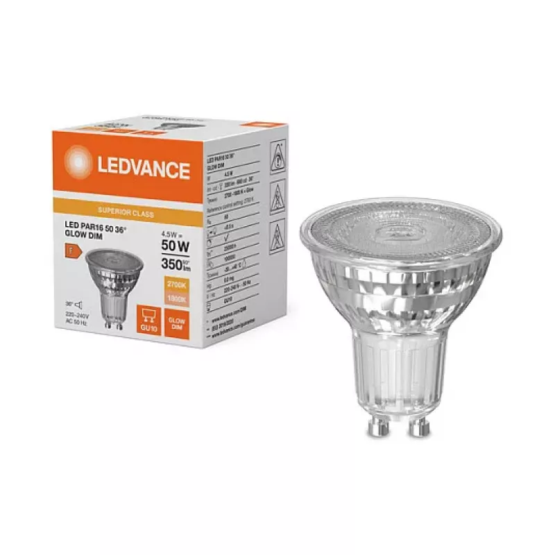 OSRAM PAR16 50 4.5W 827 GU10 LED Reflektorinė lempa, 350 lm, 1800-2700 K, Dim-to-Warm, reguliuojamo ryškumo
