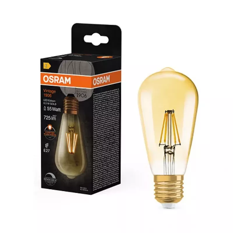 OSRAM LED lempa 6.5W 725lm 2400K E27 reguliuojamo ryškumo kaitinamoji gija auksinė