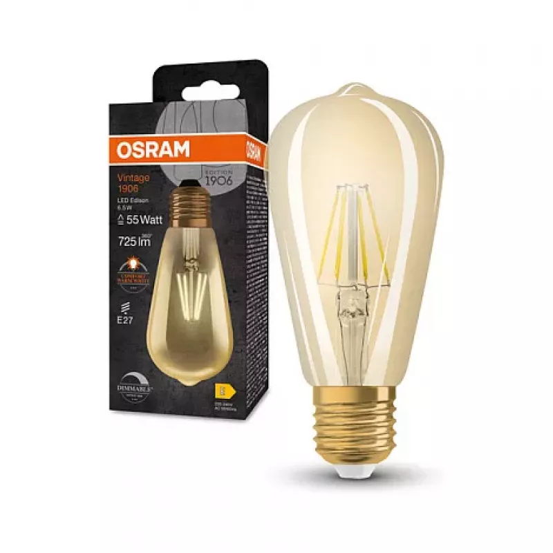 OSRAM LED lempa 6.5W 725lm 2400K E27 reguliuojamo ryškumo kaitinamoji gija auksinė