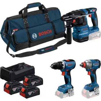 BOSCH Power Tools 18V Professional Combo Kit: Rotary Hammer GBH 18V-22 + Drill Driver GSR 18V-65 + Impact Wrench GDX 18V-285 (Blue/Black, 3x 5.0Ah Li-Ion Batteries, Tool Bag)