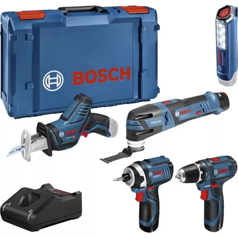 Bosch Power Tools 12V 5 dalių įrankių rinkinys GOP + GSR + GDR + GSA + GLI (mėlyna, 3x Li-Ion 2.0Ah baterija)