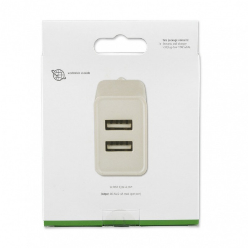4SMARTS VoltPlug Dual 12W sieninis įkroviklis (be laido), baltas