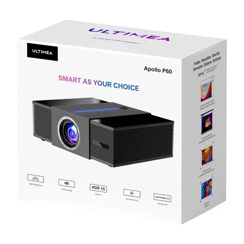 Ultimea Apollo P60 Full HD projektorius su Android 9.0, Wi-Fi 6, Bluetooth 5.2, automatiniu fokusavimu, 700 CVIA liumenų