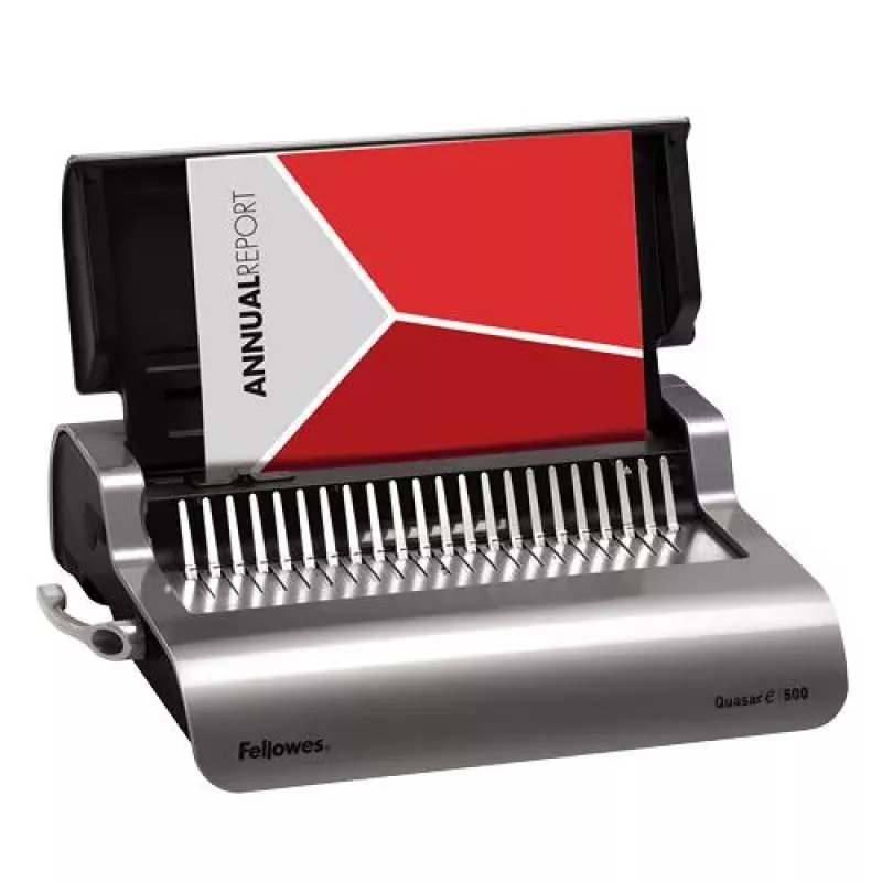 Fellowes Quasar-E 500 elektrinė kombinuoto įrišimo mašina, 20 lapų perforavimas, 500 lapų įrišimo talpa, A4, 21 stačiakampė skylė, reguliuojama paraštė, metalinis/plastikinis korpusas, didelis atliekų dėklas