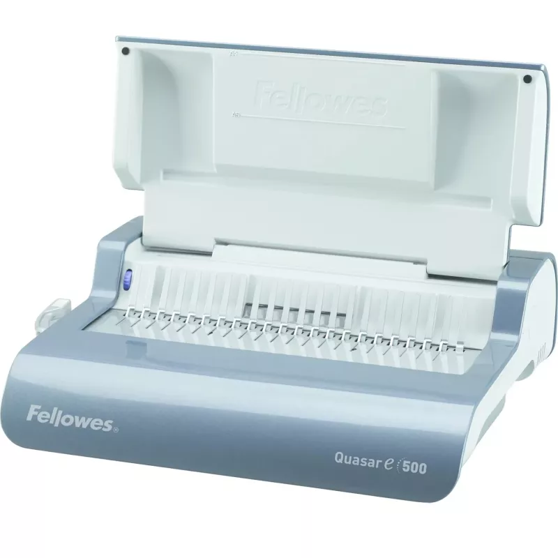 Fellowes Quasar-E 500 elektrinė kombinuoto įrišimo mašina, 20 lapų perforavimas, 500 lapų įrišimo talpa, A4, 21 stačiakampė skylė, reguliuojama paraštė, metalinis/plastikinis korpusas, didelis atliekų dėklas