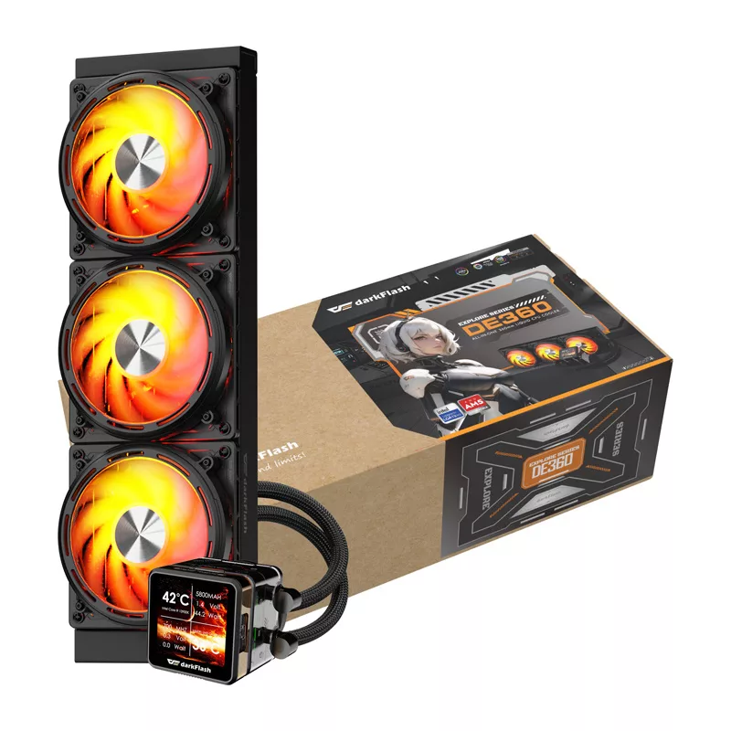 DARKFLASH DE360 Black All-in-One Liquid CPU Cooler, 360mm Radiator, 3x 120mm PWM Fans, White LED Pump