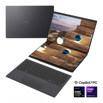 ASUS Zenbook Duo UX8407AA-SN066W 14 inch OLED Touchscreen 3K 144Hz nešiojamas kompiuteris, Intel Core Ultra 9 388H, 32GB LPDDR5X, 2TB SSD, Intel Arc Graphics, Windows 11 Home, Moher Gray