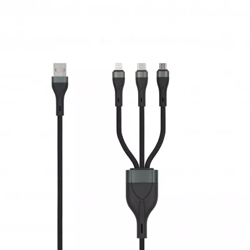 SEEK TOTI USB A į Micro USB / USB-C / Lightning 1,5m Pintas Laidas 2A (Ne-MFI) Juoda