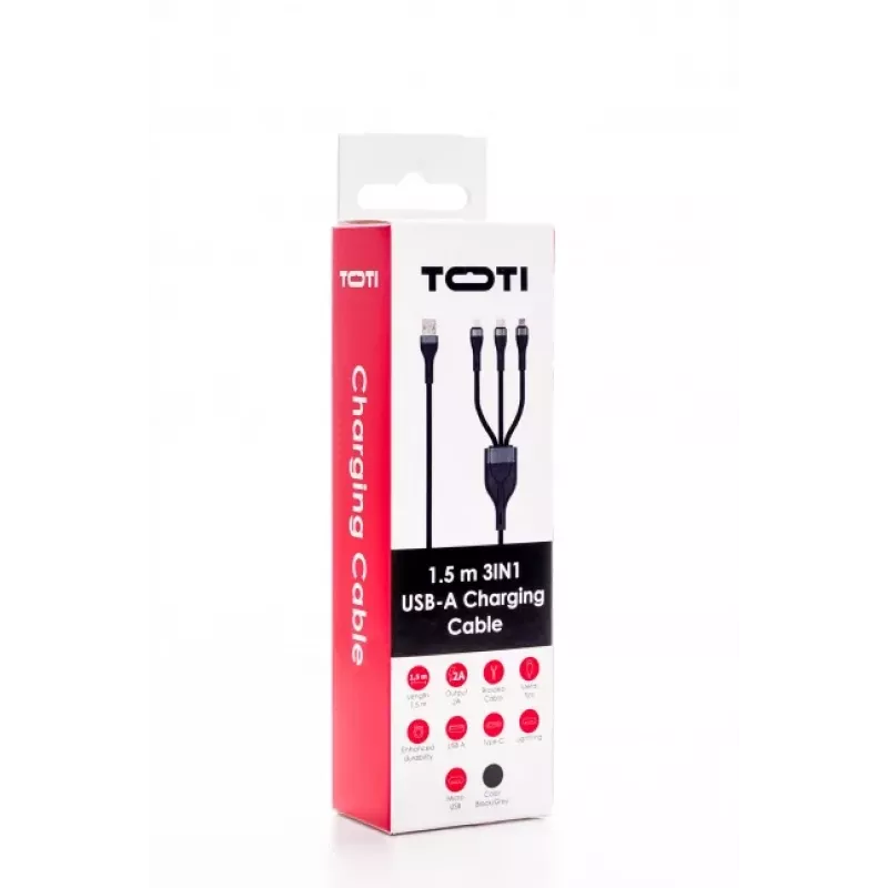 SEEK TOTI USB A į Micro USB / USB-C / Lightning 1,5m Pintas Laidas 2A (Ne-MFI) Juoda