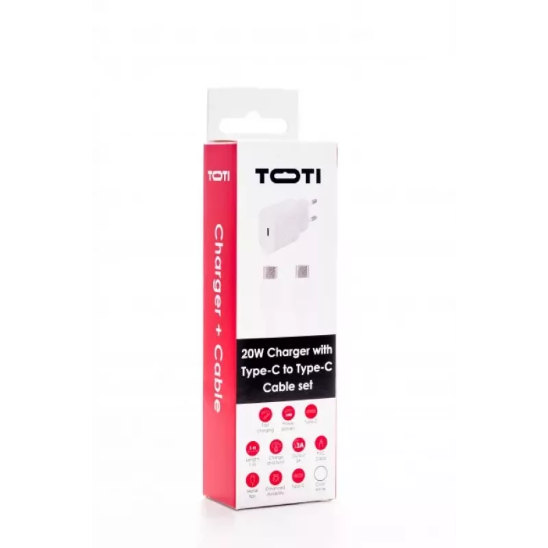 SEEK TOTI 20W Type-C PD sieninis greitasis įkroviklis su Type-C į Type-C, 1 m PVC duomenų kabeliu 3A, baltas