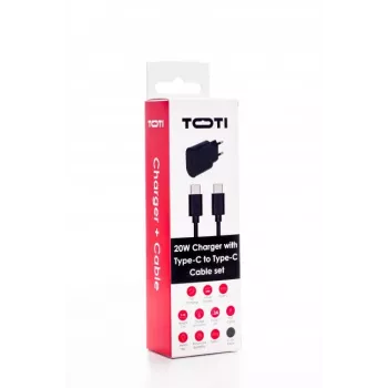 SEEK TOTI 20W Type-C PD sieninis greitasis įkroviklis su Type-C į Type-C, 1 m PVC duomenų kabeliu 3A, juodas
