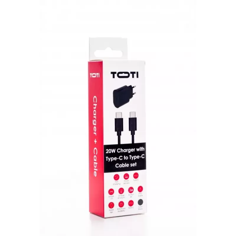 SEEK TOTI 20W Type-C PD sieninis greitasis įkroviklis su Type-C į Type-C, 1 m PVC duomenų kabeliu 3A, juodas