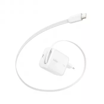 Belkin BOOST CHARGE Pro 67W Dual GaN Wall Charger with Retractable USB-C Cable, White