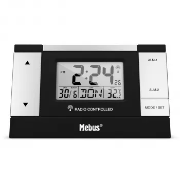 MEBUS 51059 Skaitmeninis žadintuvas - juodas/sidabrinis - LCD ekranas - 12/24h - Įkraunama baterija - Micro-USB