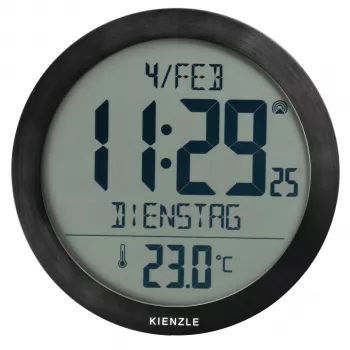 KIENZLE DCF radijo bangomis valdomas sieninis laikrodis su kambario temperatūros rodymu, juodas