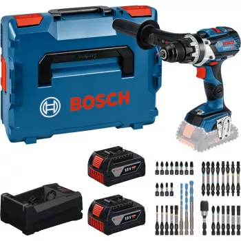 Bosch Professional 18V belaidis gręžtuvas-suktuvas rinkinys 2x5.0Ah Li-Ion 110Nm bešepetėlis su įkrovikliu ir antgalių rinkiniu MetaLoc II dėkle