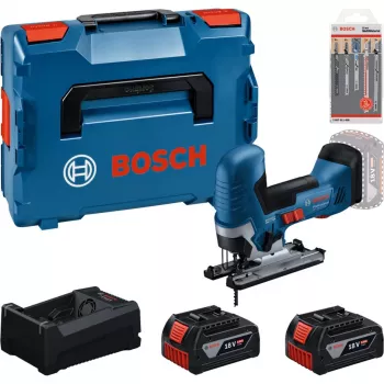 BOSCH PowerTools belaidis dėlionės rinkinys su 2 akumuliatoriais 5,0 Ah, greituoju įkrovikliu ir dėlionės ašmenų rinkiniu L-BOXX dėkle (dėžutėje)