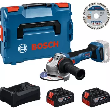 BOSCH Professional belaidis kampinis šlifuoklis rinkinys 18V 2x5.0Ah su pjovimo disku 125mm L-BOXX dėkle