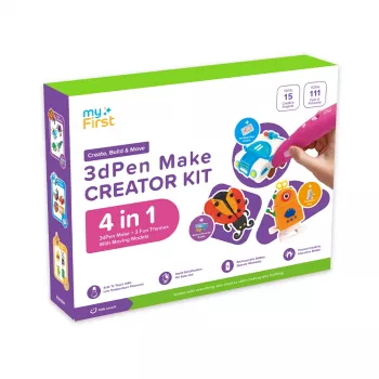 myFirst 3dPen Make Creator Kit - 3D spausdinimo rašiklio rinkinys su 3 teminiais trafaretais, 3 judančiais modelių šablonais ir PCL gijomis (raudona)