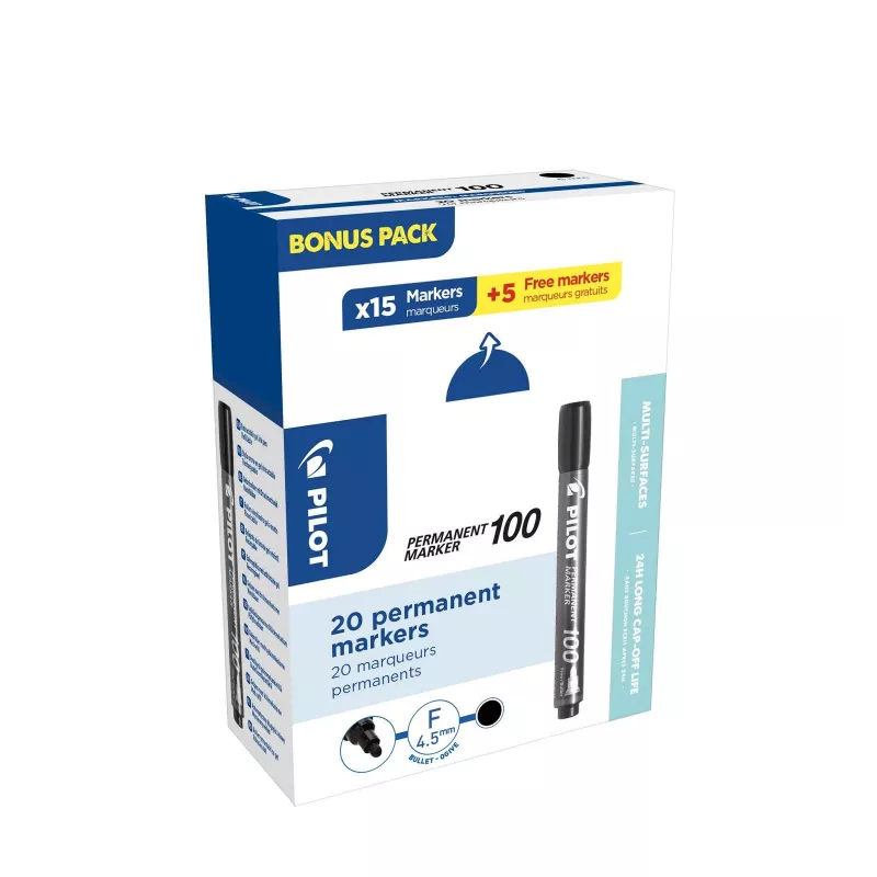 Pilot Pen 100 Permanent Marker Black 1.0 mm 20 Pack (15+5 Free)