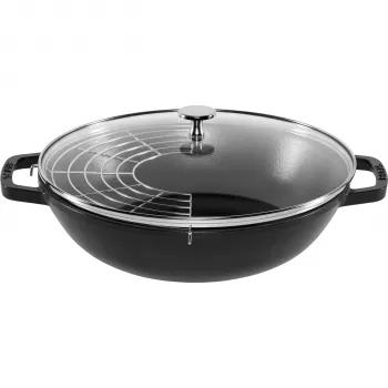 STAUB Wok 30 cm su dangčiu, juodas, ketaus