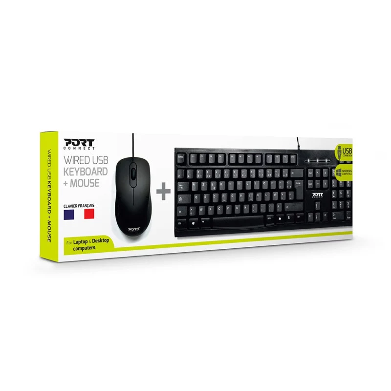 PORT Designs 900900 pilno dydžio laidinis USB klaviatūros ir pelės rinkinys, AZERTY išdėstymas, juoda